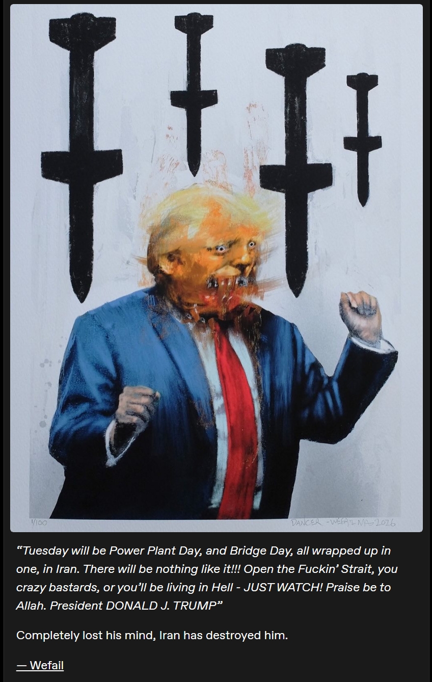 A painted Donald Trump under black missiles, paired with text about destruction and hell.